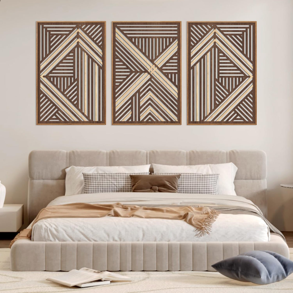 CHDITB Boho Geometric Wood Wall Art(Set of 3, 16"x24"), Large Modern Wooden Panel Hollow Line Art Decor, Rustic Abstract Minimalist Wall Hanging Artwork for Bedroom Living Room Office CHDITB