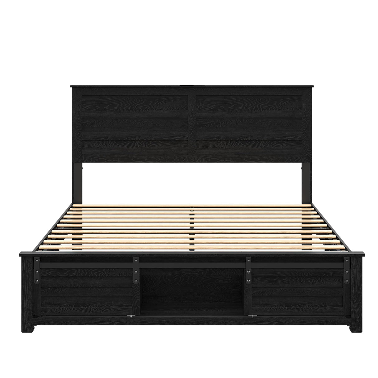 madeslves Wooden Bed Frame Queen Size with Headboard & Sliding Barn Door Storage Footboard, Farmhouse Platform Bedframe with Charging Station & Lights, No Box Spring Needed, Black madeslves