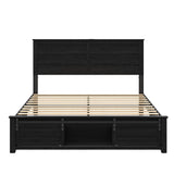 madeslves Wooden Bed Frame Queen Size with Headboard & Sliding Barn Door Storage Footboard, Farmhouse Platform Bedframe with Charging Station & Lights, No Box Spring Needed, Black madeslves