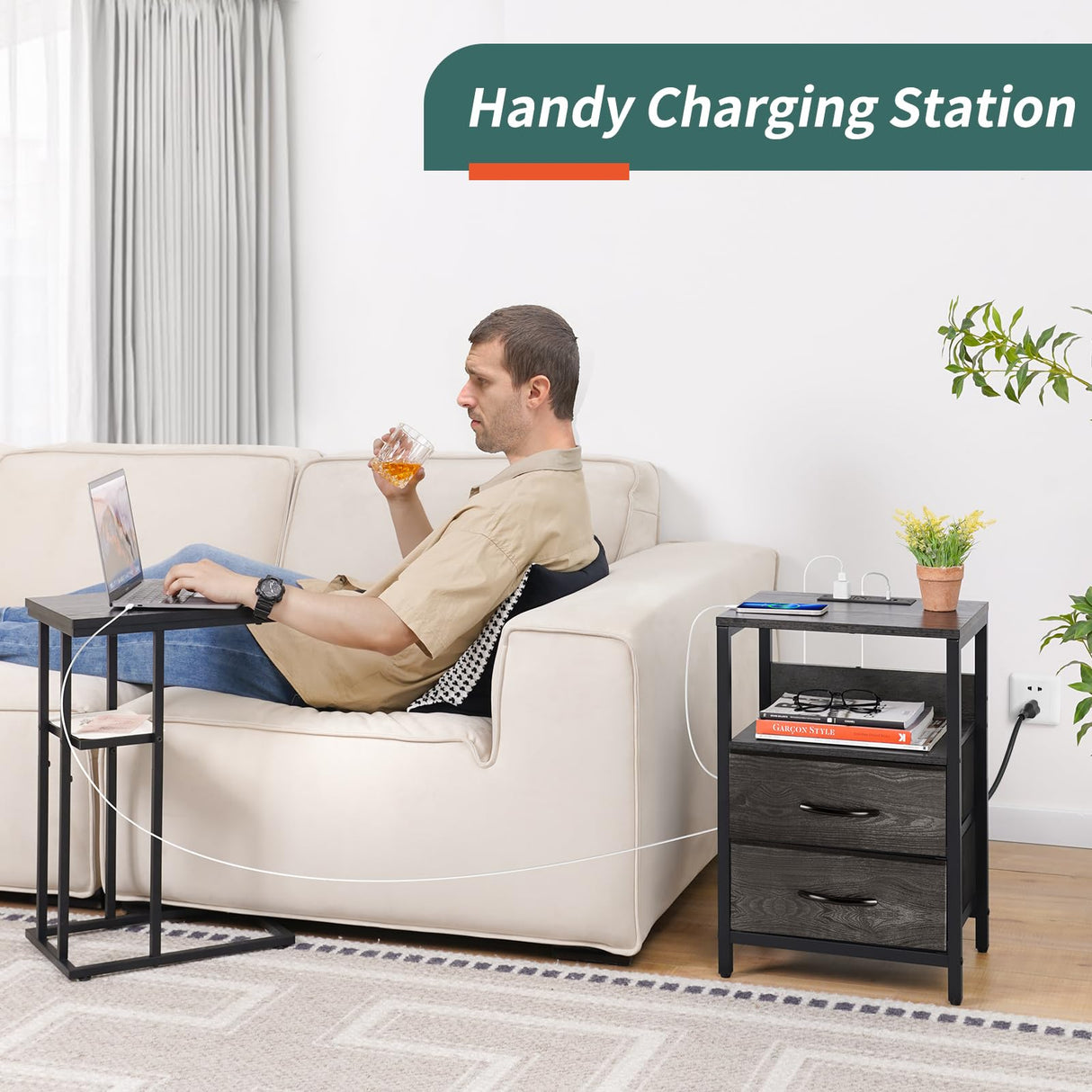 Yoobure Nightstand with Charging Station, Small Night Stand with Fabric Drawers and Storage Shelf for Bedrooms, Nightstands for Small Spaces, Bedside Table with USB Ports & Outlets, Bed Side Table Yoobure