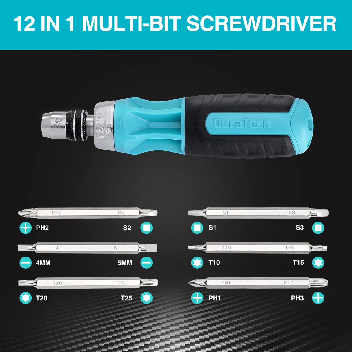 DURATECH Ratcheting Screwdriver, 12-in-1 Multi-bit Screw Drivers, Premium S2 Steel, Innovated Bits Quick-Load Mechanism, with Phillips, Slotted, Torx, Square Bits Stored in Handle DURATECH