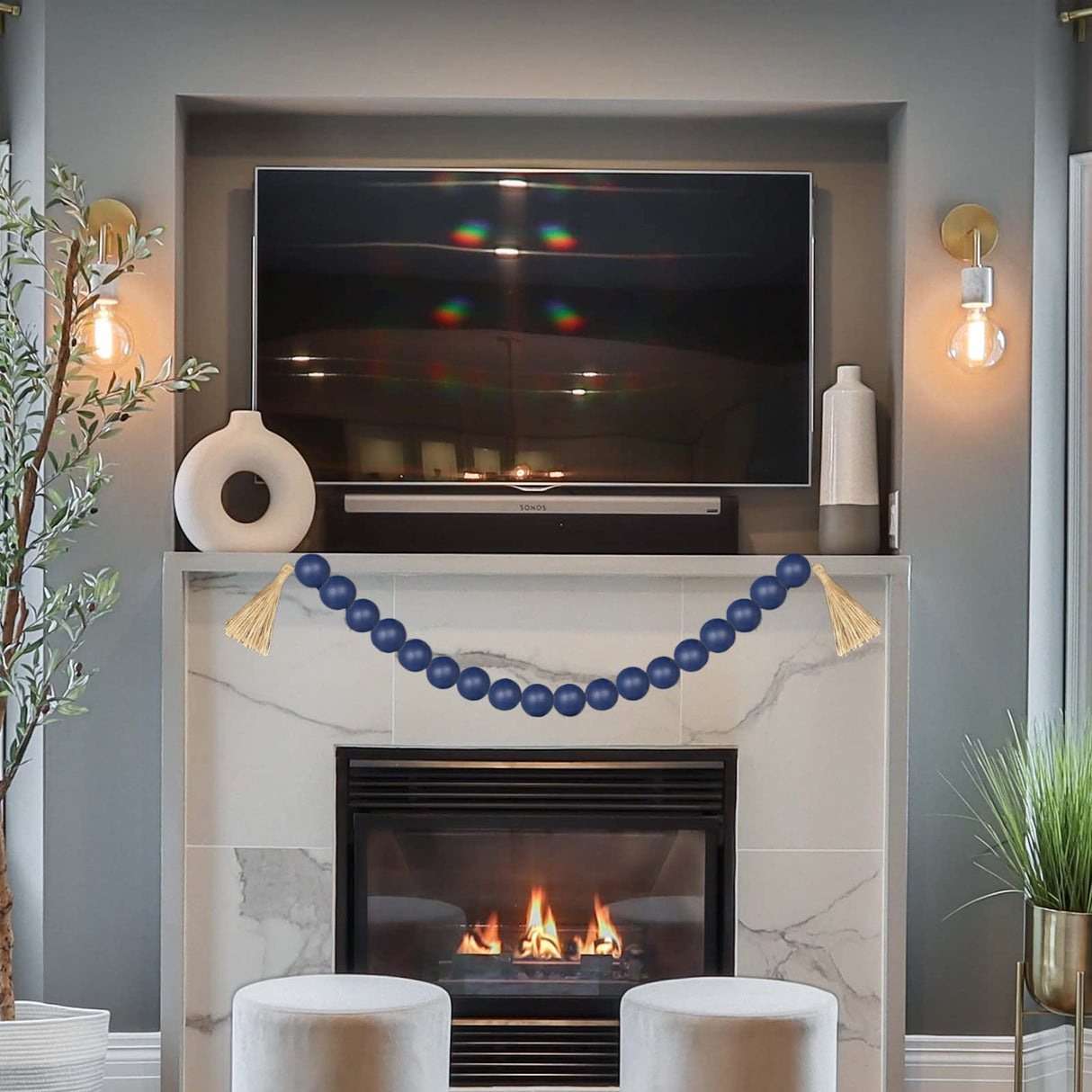 OMISHE Large Wood Bead Garland Navy Blue with 1.6" Diameter Wooden Beads and Tassels, Decorative Beads Decorations, 41" Long Rustic Farmhouse Country Wood Beads Garland for Home Wooden Decor Navy Blue OMISHE