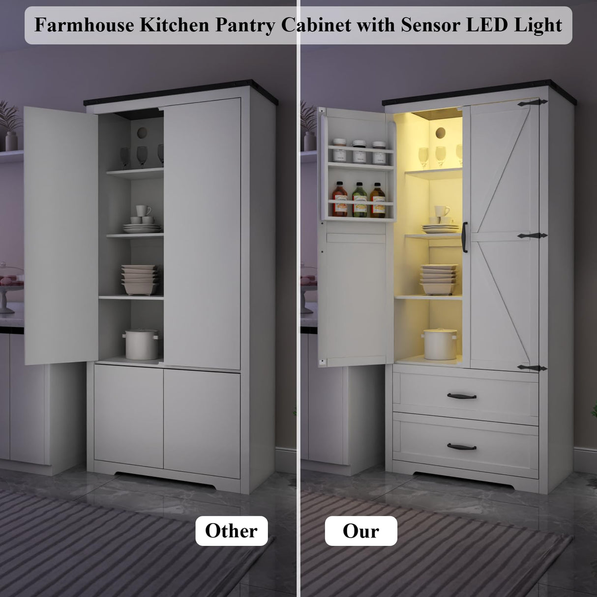 Loomie 71" Tall Farmhouse Kitchen Pantry with Sensor Light & Adjustable Shelves, Large Storage Cabinet with 2 Drawers & Adjustable Shelves, Rustic Wood Cupboard for Dining Room,Bathroom, Living Room Loomie