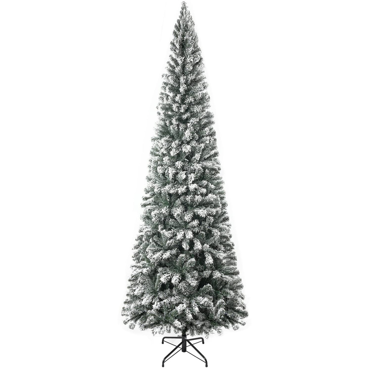 Salzburg 9ft Frosted Prelit Slim Artificial Christmas Tree with 1455 Branch Tips, 500 Warm Lights and Metal Stand, 37" Wide Realistic Snow Flocked Skinny Pencil Christmas Tree by Naomi Home Naomi Home