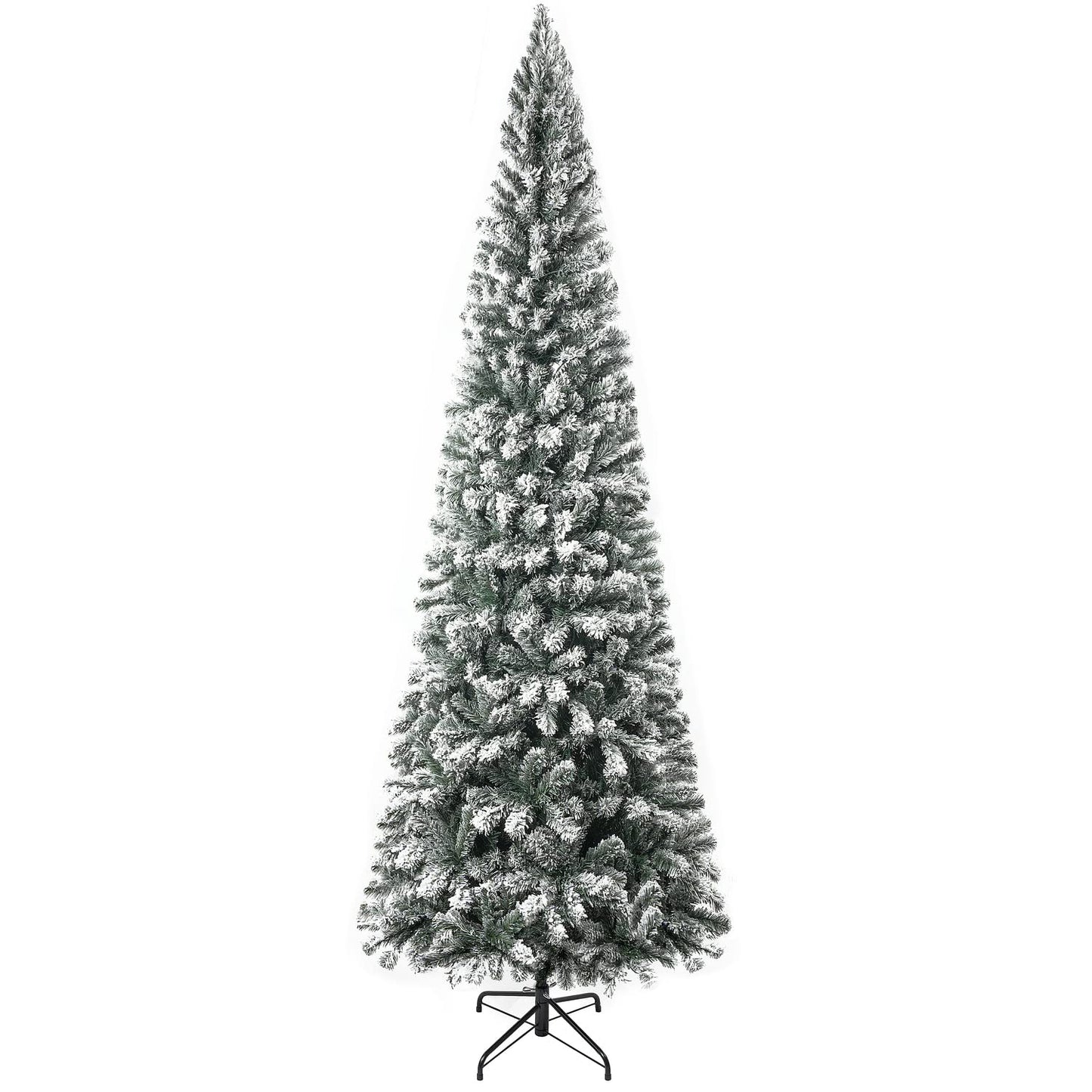 Salzburg 9ft Frosted Prelit Slim Artificial Christmas Tree with 1455 Branch Tips, 500 Warm Lights and Metal Stand, 37" Wide Realistic Snow Flocked Skinny Pencil Christmas Tree by Naomi Home