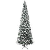 Salzburg 9ft Frosted Prelit Slim Artificial Christmas Tree with 1455 Branch Tips, 500 Warm Lights and Metal Stand, 37" Wide Realistic Snow Flocked Skinny Pencil Christmas Tree by Naomi Home Naomi Home