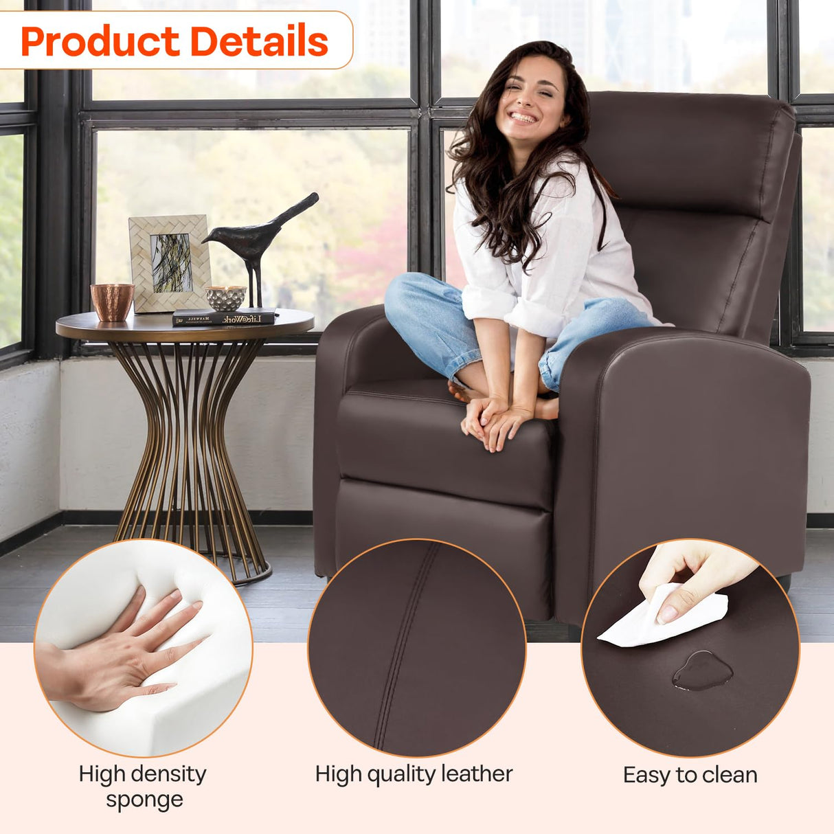 FDW Recliner Chair Massage Chair Reading Chair Reclining Sofa Home Theater Seating with Lumbar Support Massage and Padded Backrest for Living Room and Bedroom (Leather, Brown) FDW