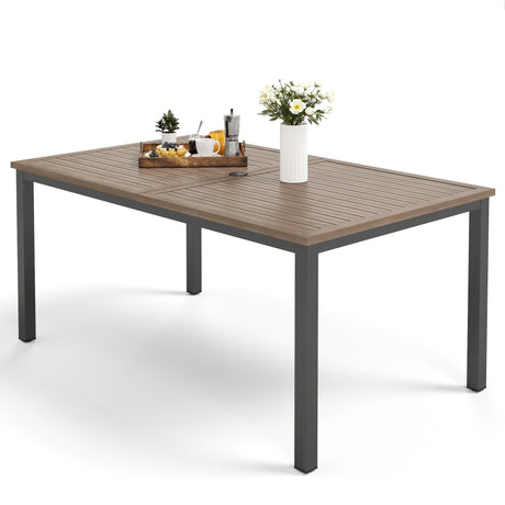 MFSTUDIO 64"x38" Rectangle Outdoor Dining Table, Patio Furniture Wood-Like Tabletop with Adjustable Umbrella Hole for Deck,Backyard,Lawn,Garden MFSTUDIO