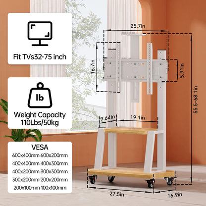 Mobile TV Stand Rolling TV Cart with Wheels for 32-75 Inch Flat/Curved Led/LCD/OLED Portable Floor TV Stand with Shelf, Height Adjustable Heavy-Duty Holds up to 180lbs,Max VESA 600 * 400mm (White)