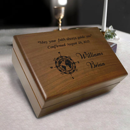 Engraved Confirmation Wooden Box, Compasses with Scripture for First Communion Keepsake Box, Baptism Gift for Godchild, Bible Verse Gift - WoodArtSupply