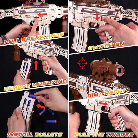 VATOS Wooden Gun Puzzles, 3D Wooden Puzzles Gun for Adult with Foam Soft Bullet, Electric Wooden M416 Model Rifle Puzzle Toy Guns, Wood Puzzles DIY Building Kits for Adult Christmas Birthday Gift VATOS