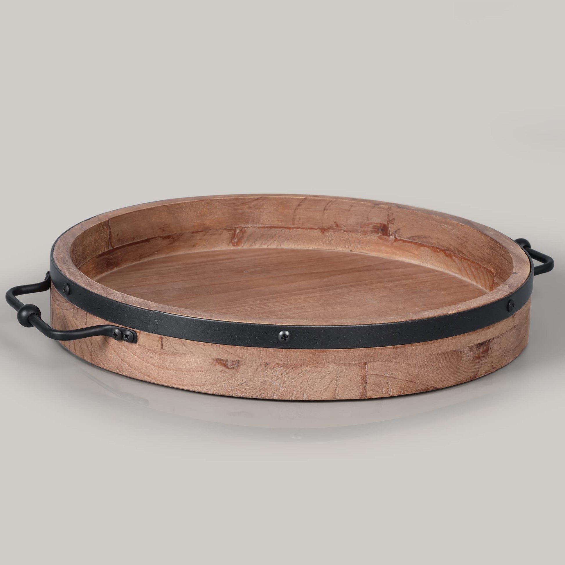 Round Coffee Table Tray - 13'' Farmhouse Wood Serving Tray with Metal Handles - Round Decorative Tray for Coffee Table - Round Ottoman Tray Decor - Wooden Circle Tray for Kitchen Counter - WoodArtSupply