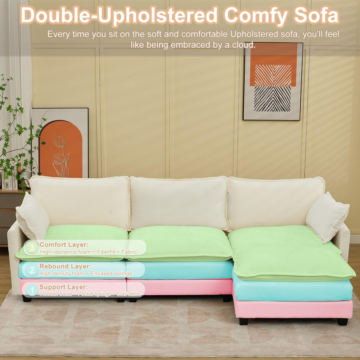 SAMERY Sectional Sofa Cloud Couch, 113" Big Comfy Couch L Shape Sofa Couch for Living Room Extra Deep Seat Sofa Couch Chenille Sofa Sleeper with Ottoman/Pillows, Cream White 3 Seat Sofa Cloud Couch SAMERY