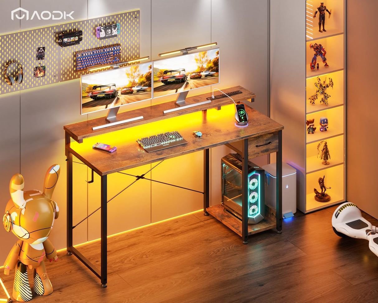 AODK Gaming Desk with LED Lights & Power Outlet, 48 Inch Computer Desk with Drawer, Reversible Desk with Adjustable Monitor Shelf & Headphone Hook for Home Office, Rustic Brown AODK