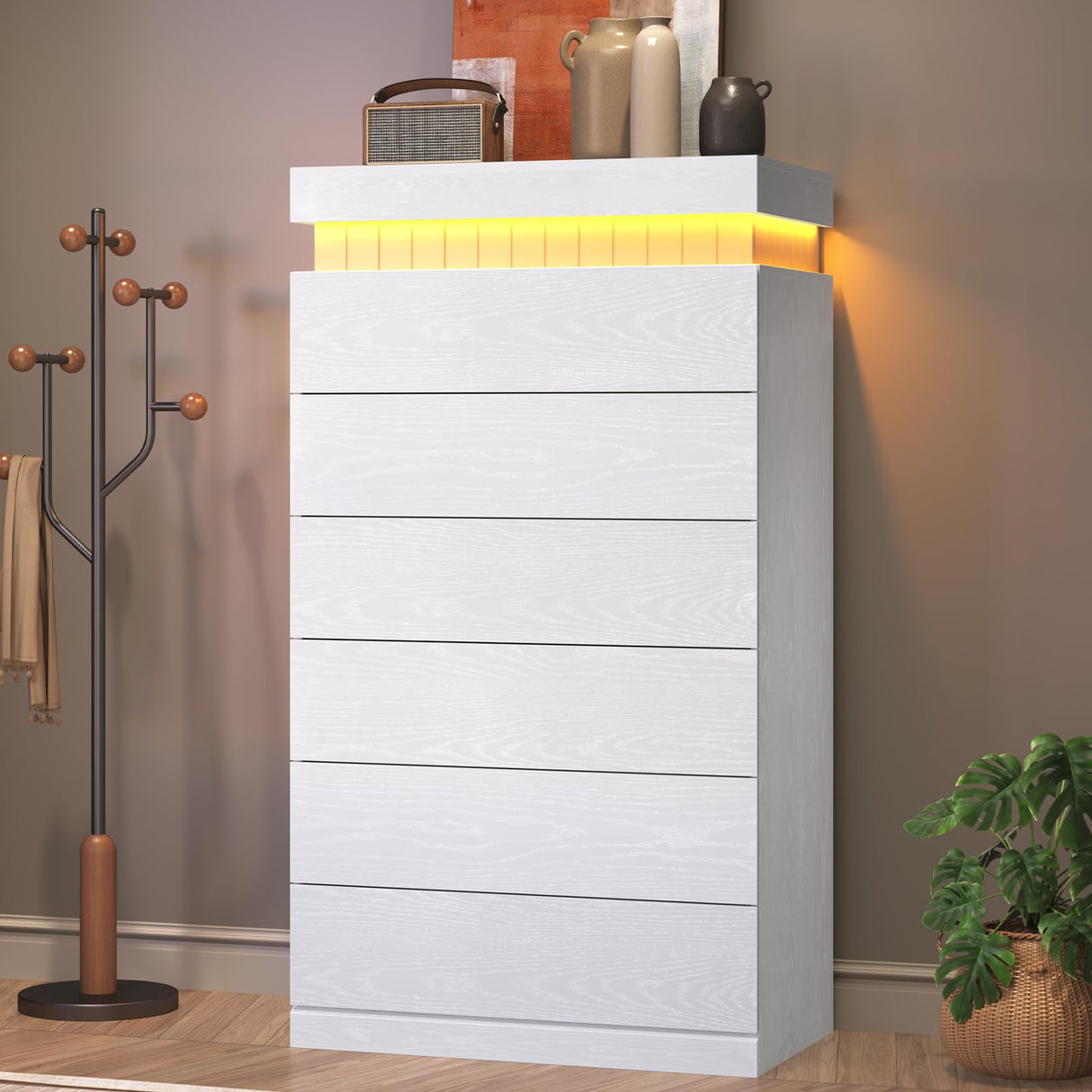 UPOSOJA Tall White Dresser for Bedroom, Modern 6 Wood Drawers with LED Light and Power Outlet, Floating Dressers for Closet, Large Chest of Drawer for Living Room, Hallway, Entryway (6 Drawers,White) UPOSOJA