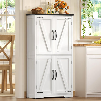 TEENFON Farmhouse Storage Cabinet with 2 Adjustable Shelves, Bathroom Cabinet with 4 Doors, Kitchen Cabinets, Cupboard for Kitchen, Living Room, White