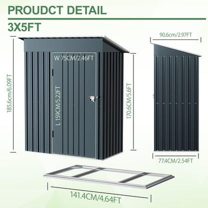 5x3FT Vertical Outdoor Steel Storage Shed with Floor Frame, Lockable Doors, Compact Metal Tool Shed for Garden, Backyard, Patio, Utility, and Bike Storage