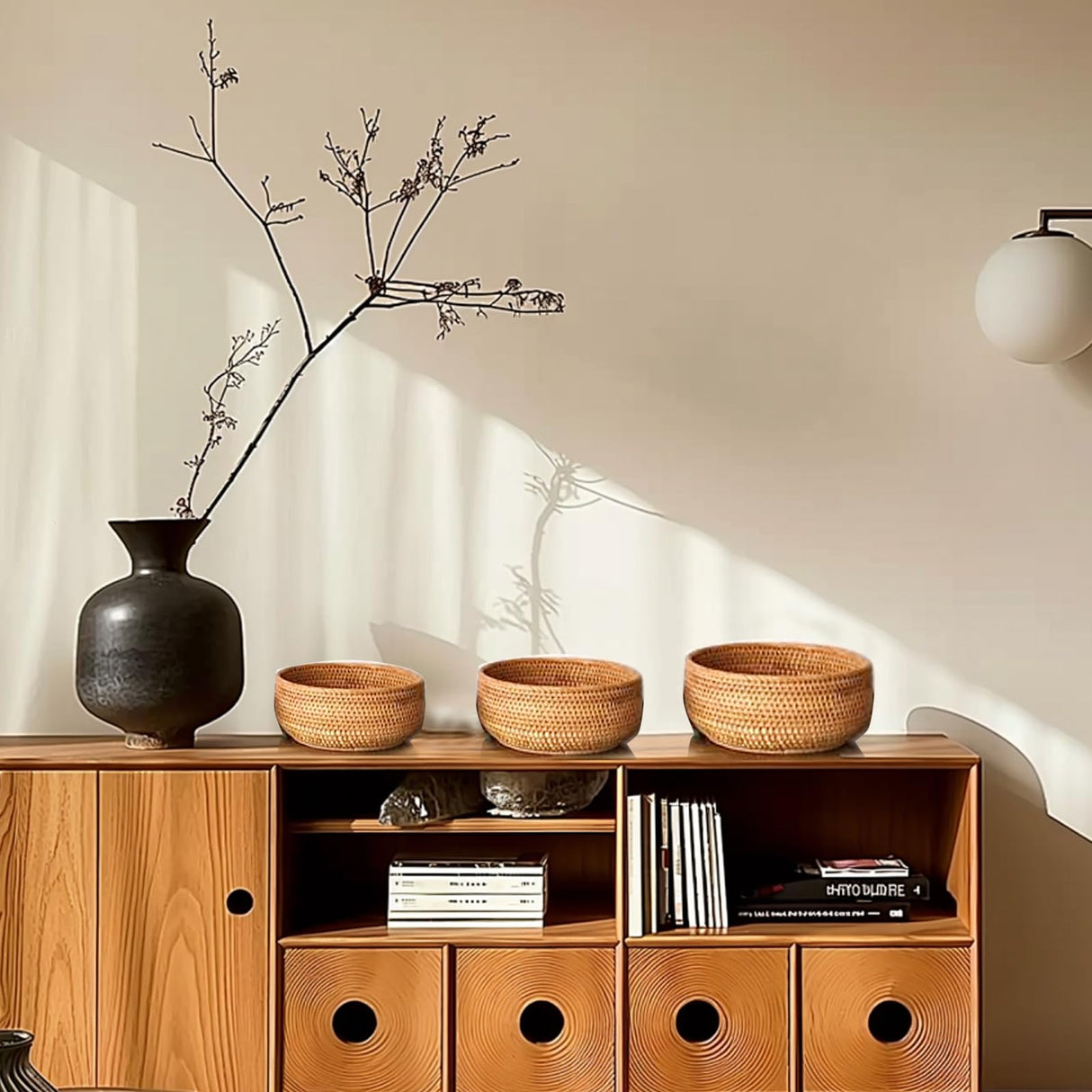 Round Rattan Bread Baskets for Serving Hand Woven Wicker Fruit Basket for Table Set of 3 Fruit Bowl for Kitchen Counter Gdpaddy