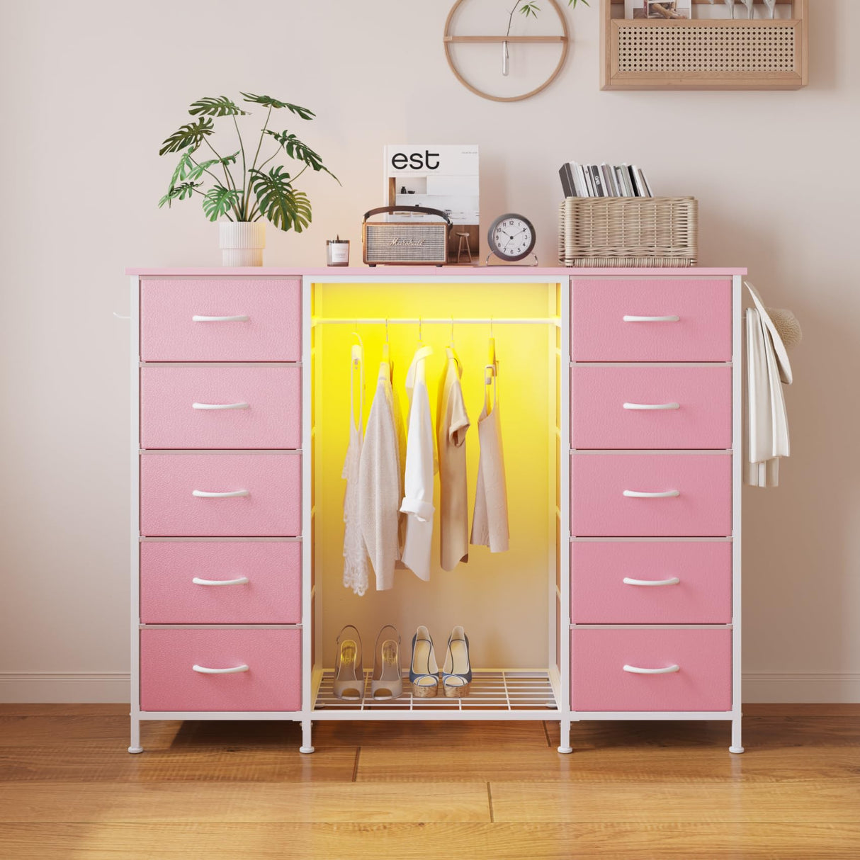LUMTOK 2-in-1 Dresser with Hanging Rack, 10 Drawers Dresser for Bedroom,Dressers with Fabric Drawers,LED Lights, Charging Station and Hanging Racks for Bedroom (Pink) LUMTOK