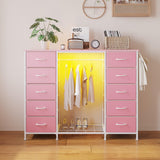 LUMTOK 2-in-1 Dresser with Hanging Rack, 10 Drawers Dresser for Bedroom,Dressers with Fabric Drawers,LED Lights, Charging Station and Hanging Racks for Bedroom (Pink) LUMTOK