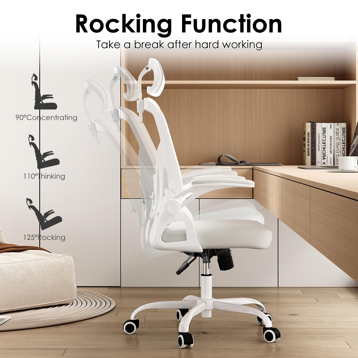 Farini Ergonomic Office Chair, Home Office Desk Chair with Headrest, High Back Computer Chair with Flip-up Armrests and Adjustable Lumbar Support for Home Office Study Room (with Headrest, All-White) Farini