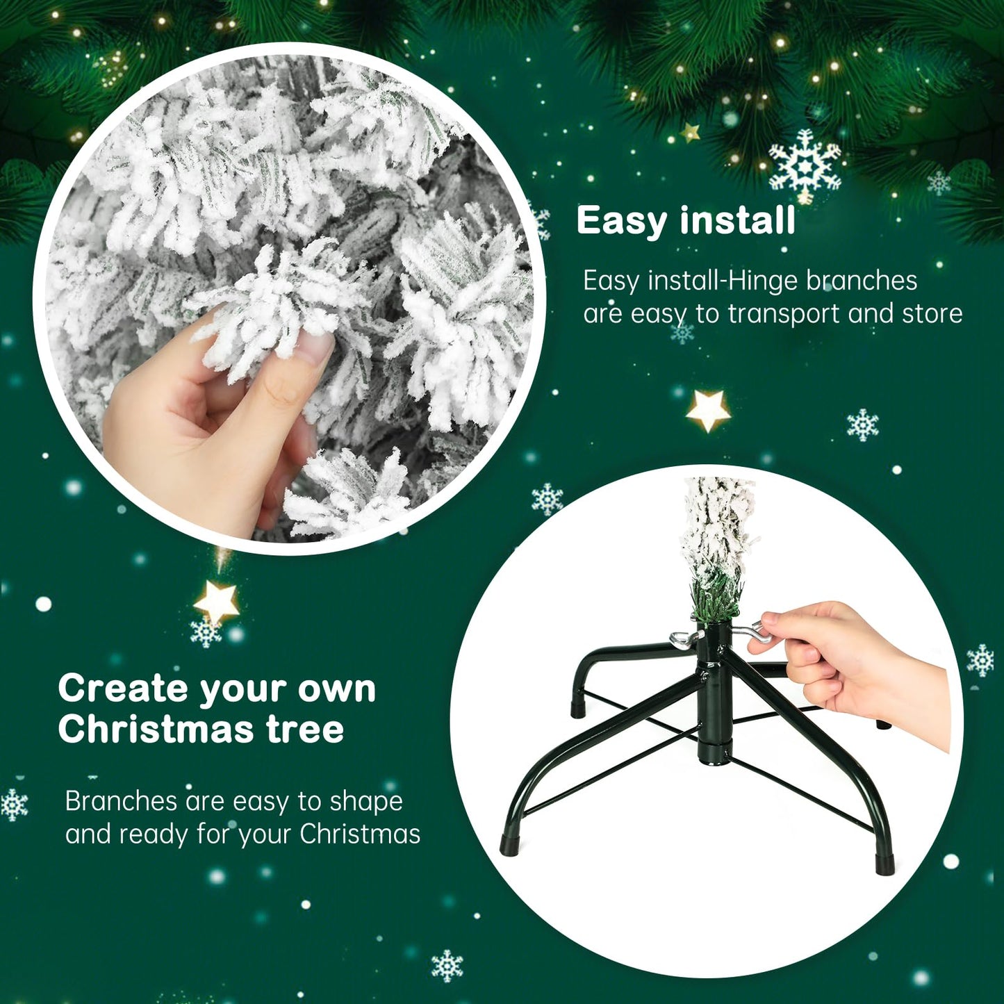 Outroad 7ft Snow Flocked Christmas Tree Premium Hinged Artificial Pine Tree,Xmas Tree Metal Stand and 1000 Lush Branch Tips Holiday Decorate, Easy to Assemble,White