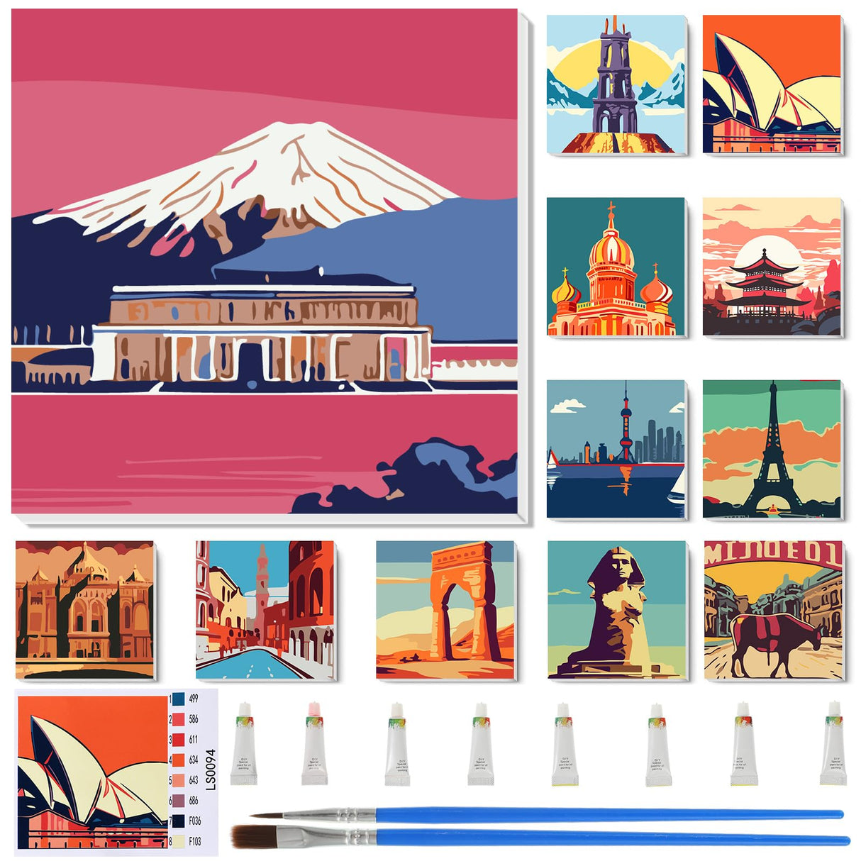 Nezyo 12 Sets Paint by Numbers Kit with Frame for Adult Beginners, Paint by Number DIY Acrylic Painting Canvas for Painting Party, Classroom Activity Birthday Gift, 8 x 8 Inch Nezyo