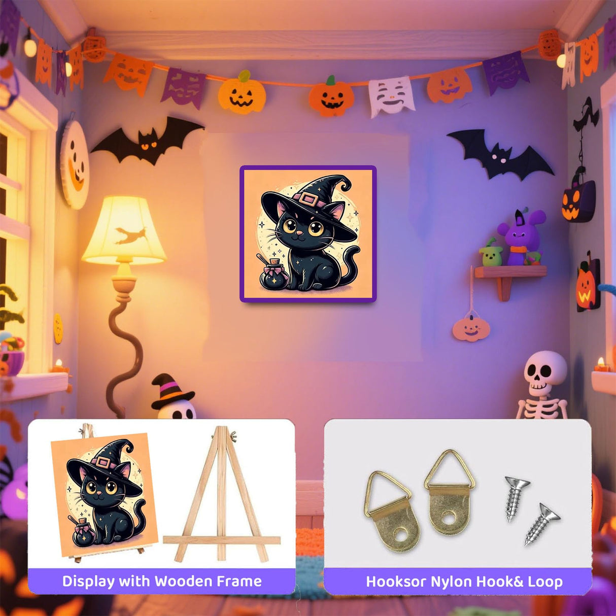 Halloween Paint by Numbers Kit for Kids with Frame - Cat Paint by Number for Kids, Halloween Kid Painting by Number Kits Age 5-8 for Home Wall Decor 8X8inch (with Wooden Easel) ajepon