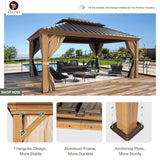 YOLENY 12' x 16' Gazebo, Hardtop Wood-Looking Gazebo with Galvanized Steel Double Roof, Aluminum Frame with Netting and Curtains for Deck, Backyard, Patio, Lawns YOLENY