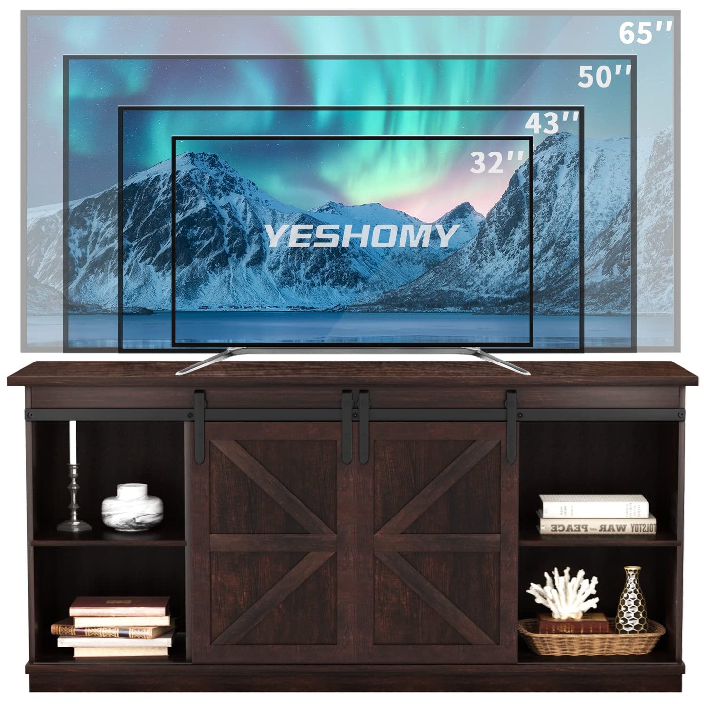 YESHOMY TV Stand for Televisions up to 65 Inchs, with Sliding Barn Doors and Storage Cabinets, Console Table and Media Furniture for Living Room, 58 Inch, Espresso