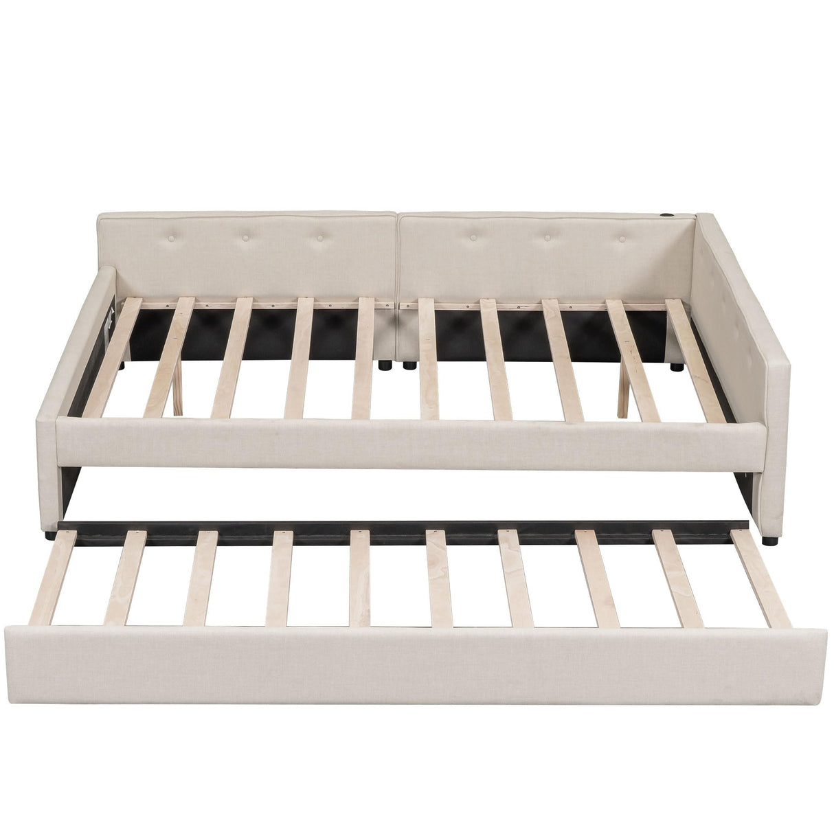 Harper & Bright Designs Queen Size Upholstered Platform Bed Frame for Boys Girls Kids Adults Toddler with USB and Twin Size Trundle, Beige Harper & Bright Designs