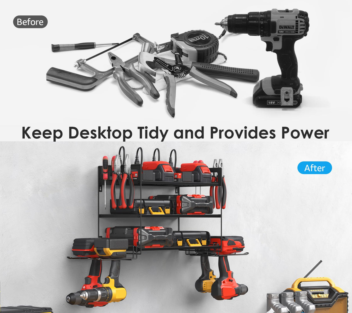 CCCEI Garage Tools Storage with Charging Station. Power Tool Battery Organizer Utility Shelf with Power Strip. 4 Drills Holder Wall Mount Rack, Black 3 Layer. CCCEI