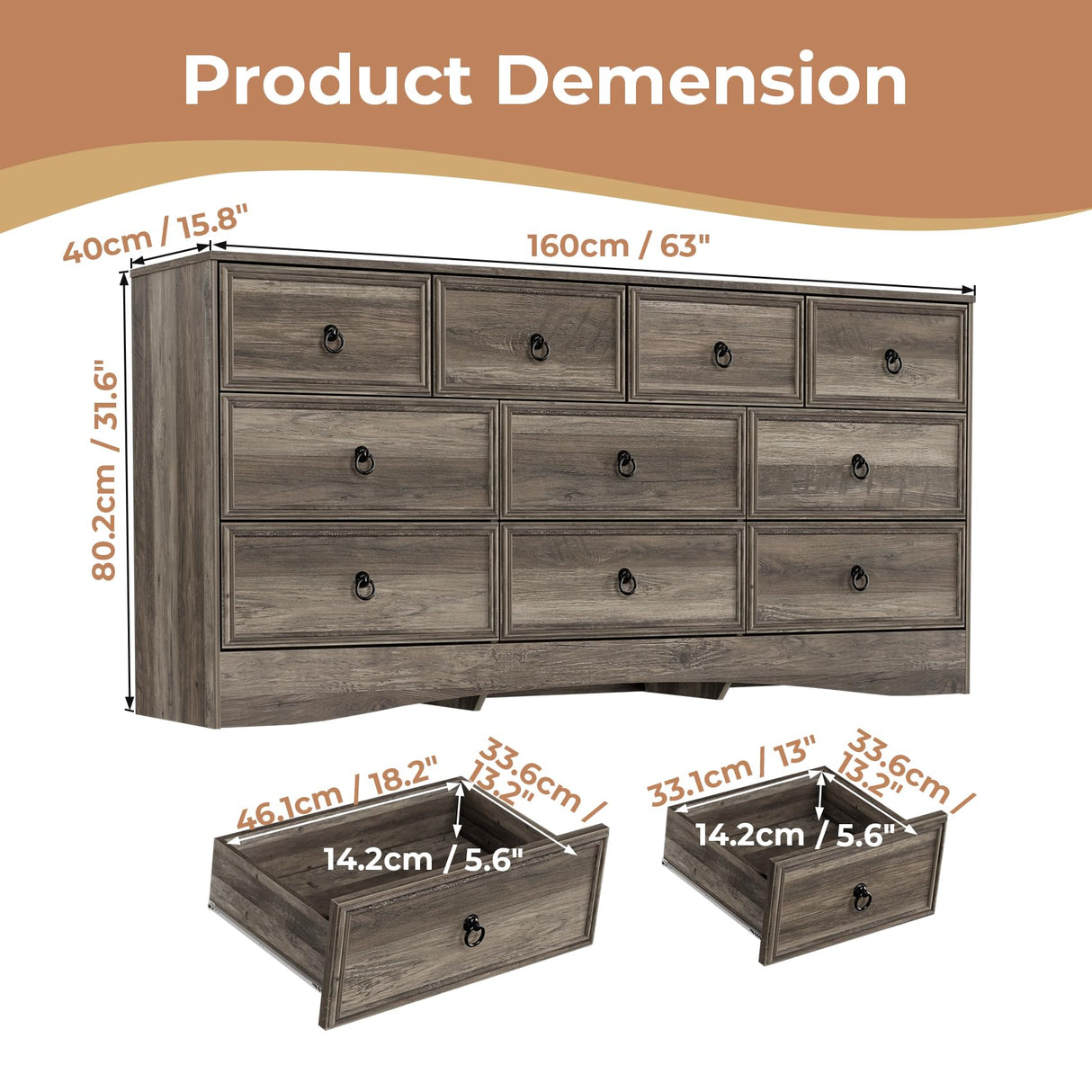 VVFLU Farmhouse 10 Drawer Dresser for Bedroom – 63'' Long Dresser Wood Chest of Drawers,TV Stand for 75 inch TV, Storage Organizer Furniture, Hallway, Entryway, Closet, Brownish Grey VVFLU