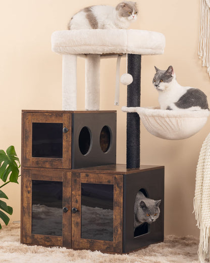 Fourfurpets Multipurpose Litter Box Enclosure with Cat Tree, Acrylic Doors and Windows, with Large Platform, Cat House, Full Sisal Posts, Removable Washable Cushion, Rustic Brown