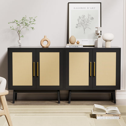 LYNSOM Buffet Cabinet with Storage, Sideboard Buffet Storage Cabinet with Rattan Decorated Doors, Set of 2 Accent Cabinet with Solid Wood Feet for Living Room, Entry, Hallway, Black