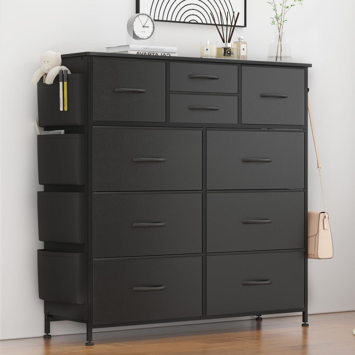 Lulive Dresser for Bedroom with 10 Drawers, Chest of Drawers with Side Pockets and Hooks, PU Storage Dresser, Organizer Unit for Living Room, Hallway, Closet (Black) Lulive