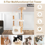 PETSITE 49" Tall Wooden Cat Tree, Solid Wood Cat Tower with Jute Scratching Posts, Cat Condo, Cattail Fluff Top Perch, Multi-Layer Cat Activity Center, Modern Cat Climbing Furniture for Indoor Cats PETSITE