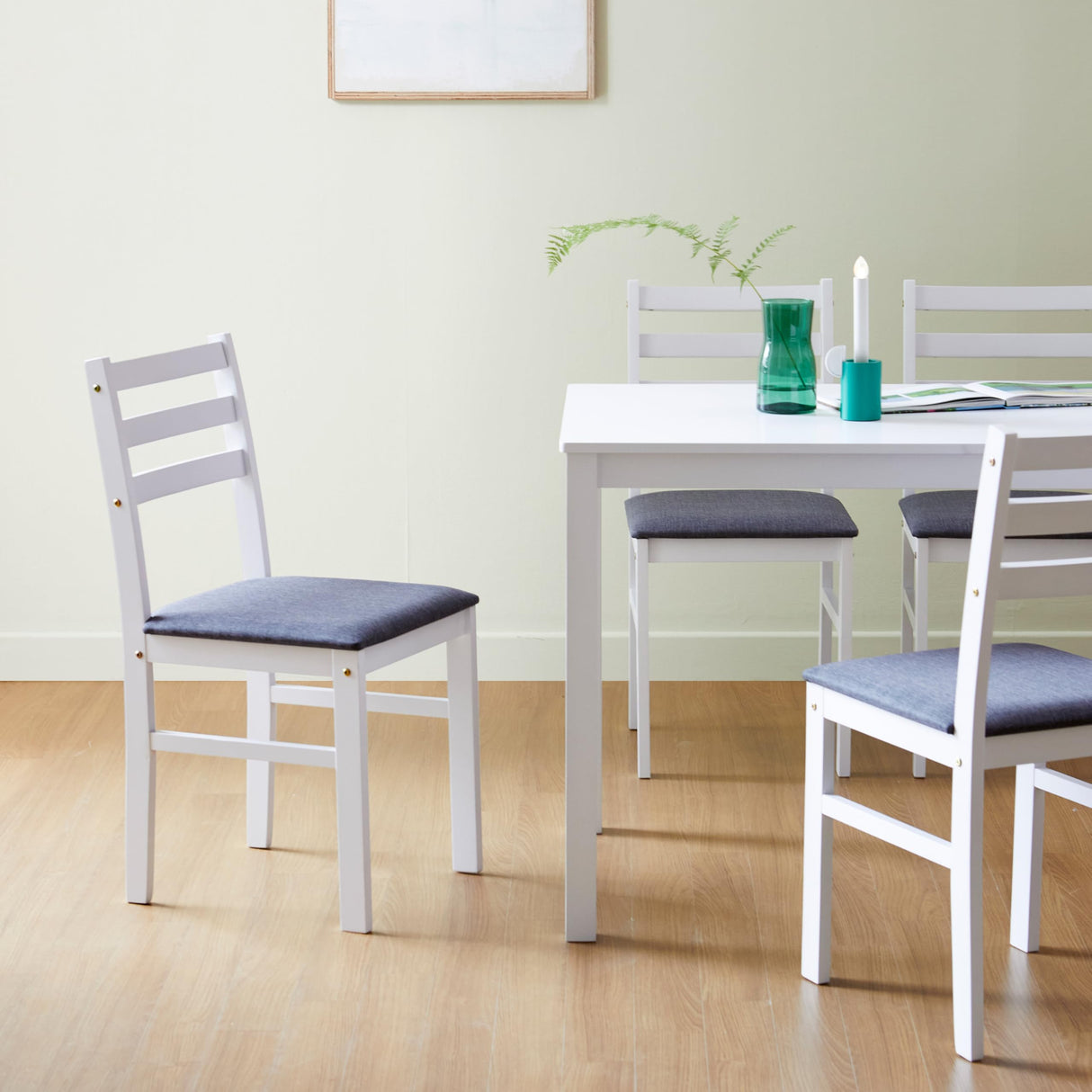 Livinia Seattle 5-Piece Wooden Dining Table Set for 4, Modern Farmhouse Kitchen Dining Room Set with Solid Wood Ladder Back Chairs for Small Space (White) Livinia