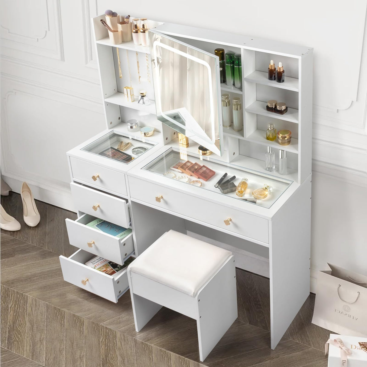 Karl home Makeup Vanity with Lighted Mirror Bedroom Vanity Desk with Charging Station Large Vanity Set with Transparent Desk, Drawers, Cabinet, Shelves for Storage in Bedroom, White Karl home