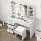 Karl home Makeup Vanity with Lighted Mirror Bedroom Vanity Desk with Charging Station Large Vanity Set with Transparent Desk, Drawers, Cabinet, Shelves for Storage in Bedroom, White Karl home