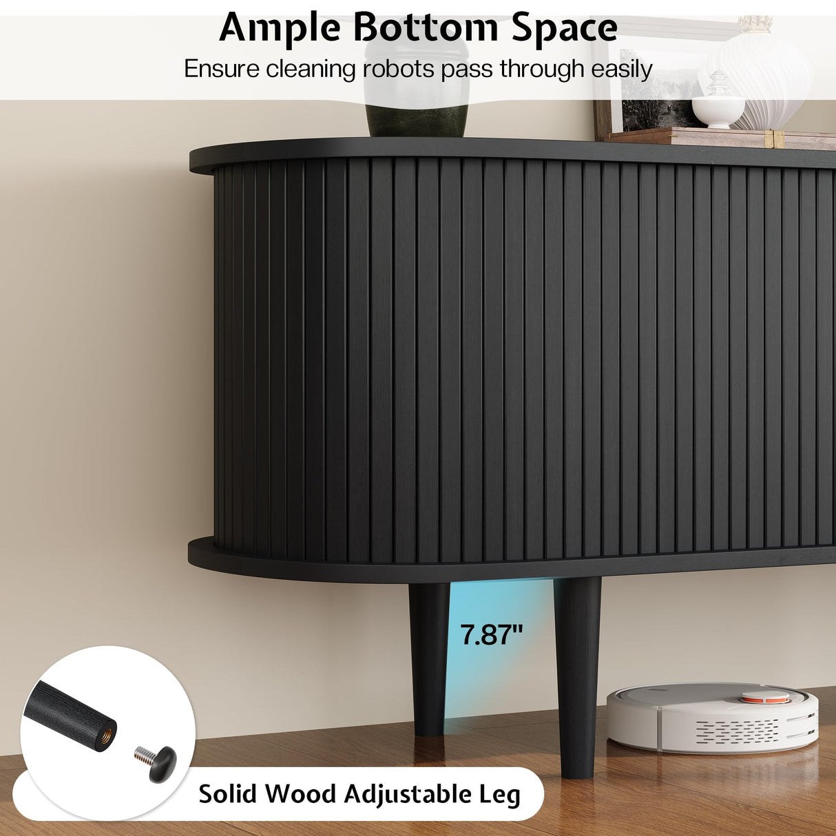 LUXOAK 70" Mid-Century Modern TV Stand with Tambour Door, TV Console with Solid Wood Legs for TVs up to 80", Fluted Entertainment Center with Storage for Living Room, Black LUXOAK