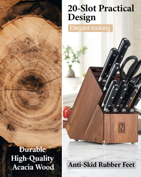 Cook N Home Acacia Wood Knife Storage Block without Knives, 20 Slot Universal Knife Holder Countertop Butcher Block Knife Stand for Easy Kitchen Storage Cook N Home