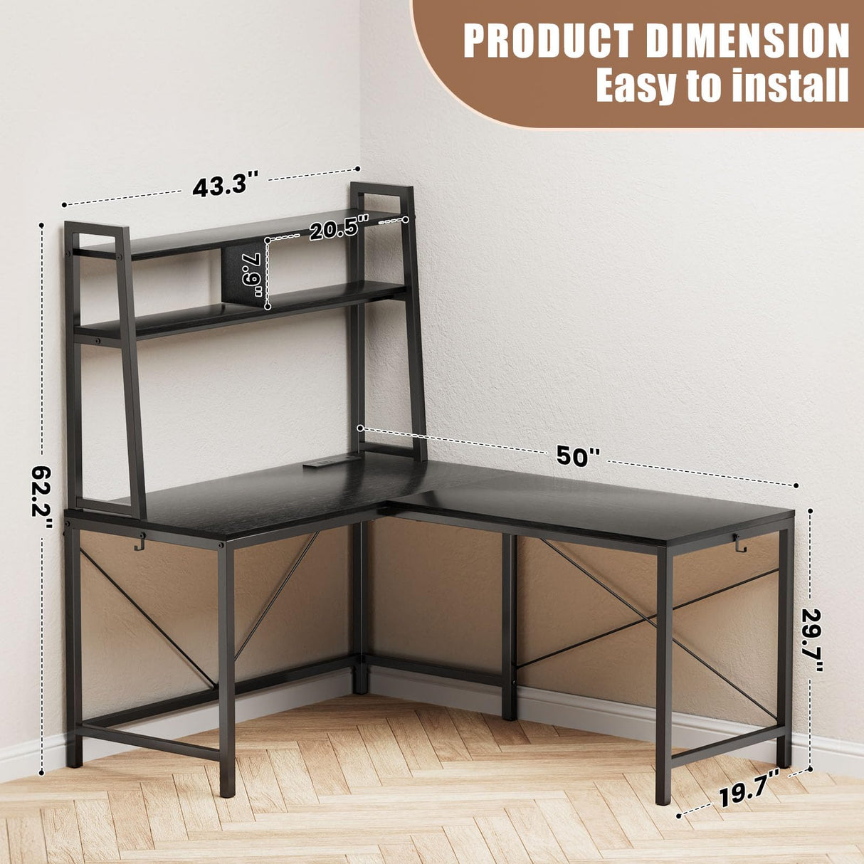 Flycity L Shaped Desk Gaming Desk, 50 Inch Corner Computer Desk with Electrical Outlet & LED Lights, L Shaped Gaming Desk with Storage Racks & Dual-End Hooks Adaptable to Home Office & Gaming, Black Flycity