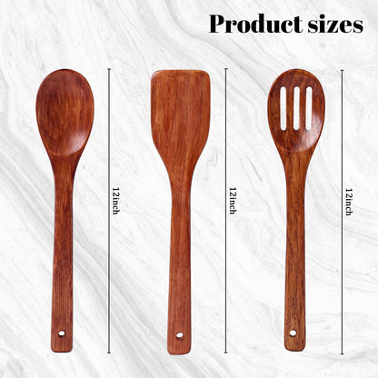 HANSGO 3PCS Wooden Cooking Spatulas, 12inch Wooden Kitchen Utensils Set Dark Brown Wood Spatulas for Cooking Stirring Frying Mixing Sauteing