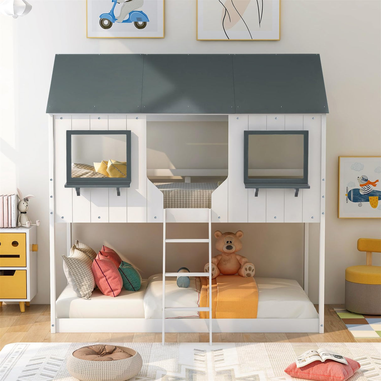 Polibi Twin Over Twin Low Bunk Bed, Wooden House Bed with Roof, 2 Front Windows, 2 Small Shelves, Ladder and Guardrail, White Polibi