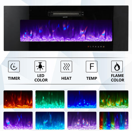 AMERLIFE Floating Fireplace TV Stand, Wall Mounted Mirrored Entertainment Center with 40" Electric Fireplace, Modern LED Lights Media Console for TVs Up to 90", Black AMERLIFE