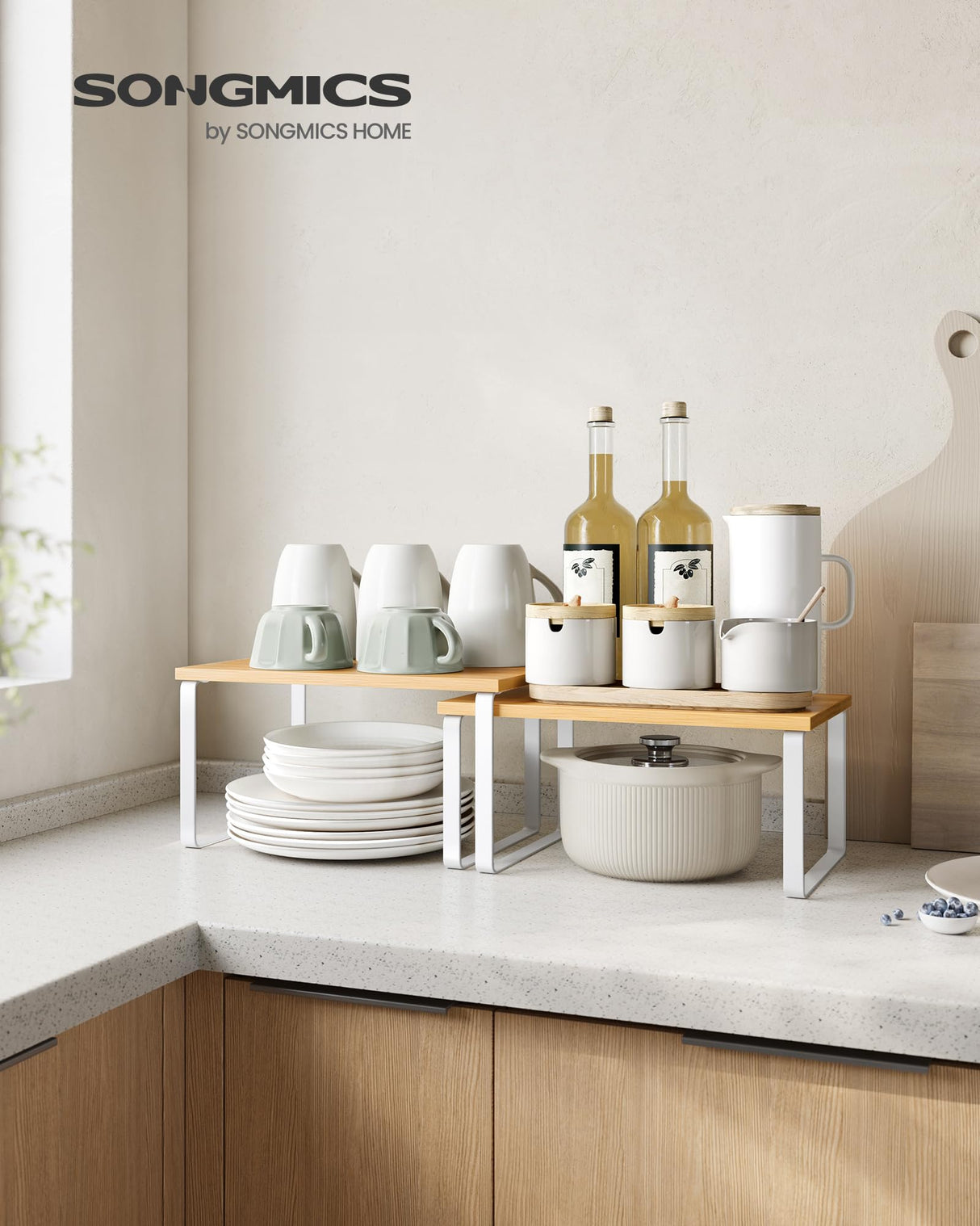 SONGMICS Cabinet Organizer Shelf, Set of 4 Kitchen Counter Shelves, Kitchen Storage, Spice Rack, Stackable, Expandable, Metal and Engineered Wood, Cloud White and Natural Beige UKCS010N01 SONGMICS