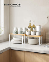 SONGMICS Cabinet Organizer Shelf, Set of 4 Kitchen Counter Shelves, Kitchen Storage, Spice Rack, Stackable, Expandable, Metal and Engineered Wood, Cloud White and Natural Beige UKCS010N01 SONGMICS