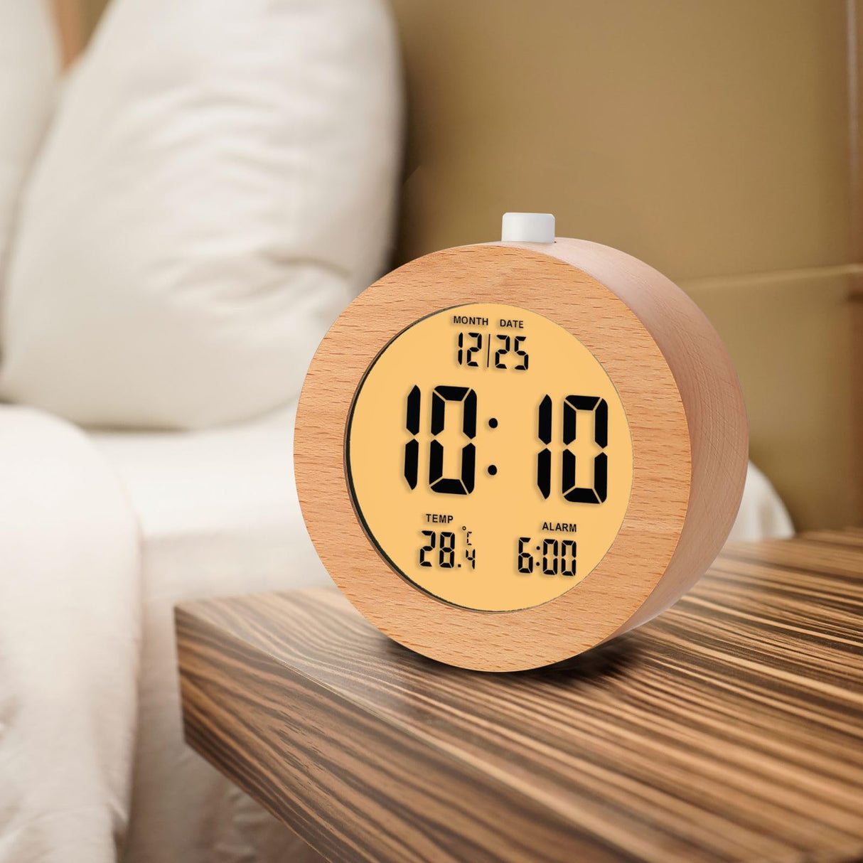 Plumeet Wooden Digital Alarm Clock for Bedrooms, Wood 4'' Battery Powered Alarm Clock with Snooze and Nightlight, Electronic LCD Desk Clock Display Time, Date, Temp, 12/24H, Wood Décor, Round, Brown Plumeet