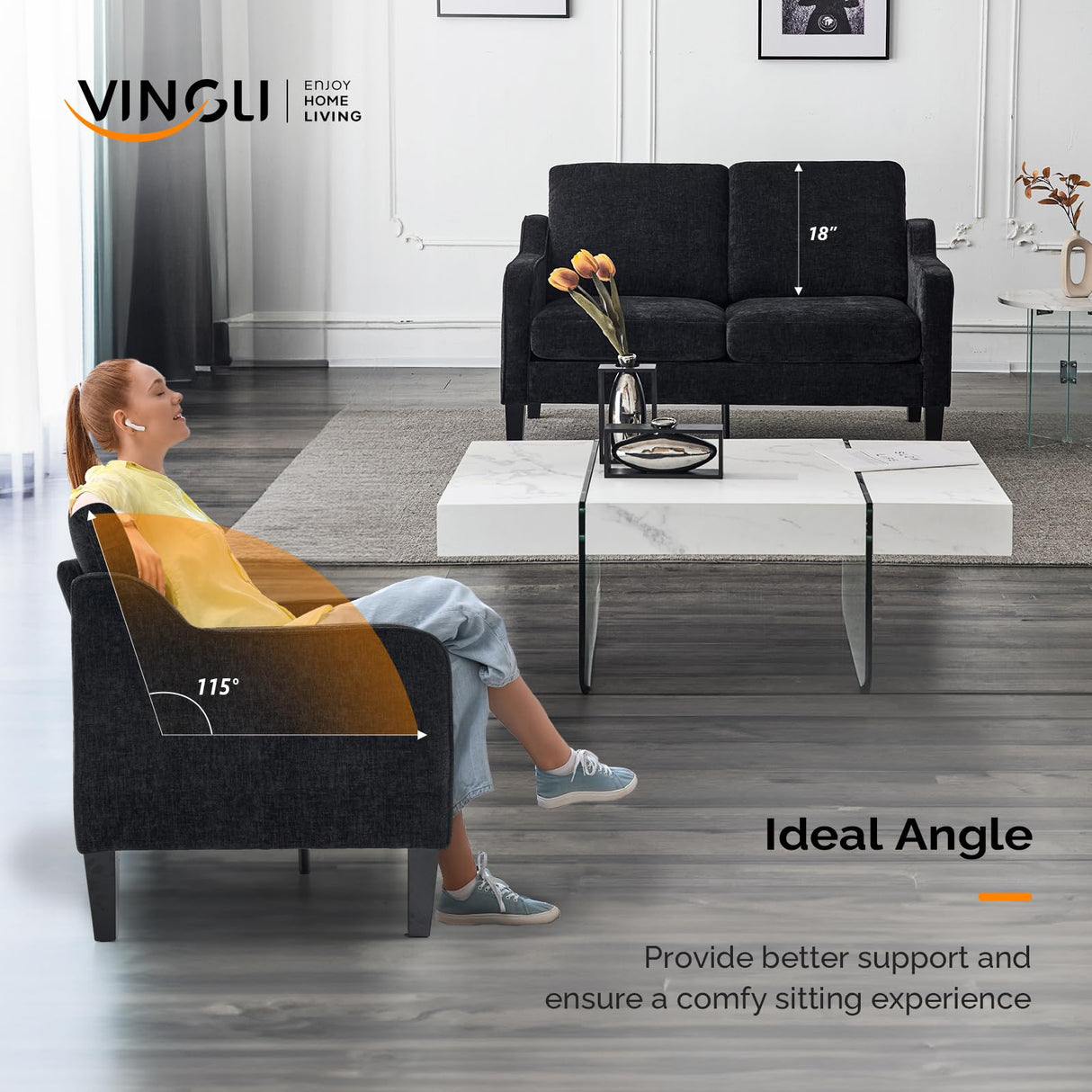 VINGLI Mid-Century Modern Loveseat Sofa Couch, Living Room 53" Love Seat 2 Seater Upholstered Comfy Couches with Scooped Armrest for Small Spaces, Dorm, Bedroom, Apartment, Office (Black) VINGLI